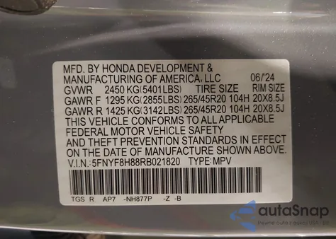 2024 Honda Passport Awd Black from USA, damaged, VIN 5FNYF8H88RB021820